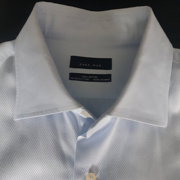 ZARA MAN SZ 16 Light Baby Blue 100% Cotton Men's Button Up Dress Shirt - Picture 3 of 12